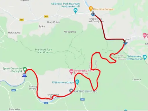 Mapa trasy spływów Dunajcem. Zaznaczony początek w Sromowcach Niżnych, przez Pieniny, aż do Szczawnicy.
