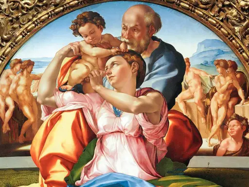 Le tableau de Michel-Ange représente la Sainte Famille avec des figures nues en arrière-plan.