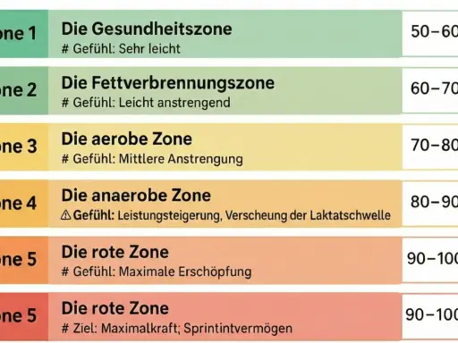 Trainingszonen: Gesundheitszone (50-60%), Fettverbrennung (60-70%), aerob (70-80%), anaerob (80-90%), rote Zone (90-100%). Vermeide cardiac drift durch angepasste Intensität.