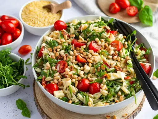 Ein bunter Nudelsalat mit Kirschtomaten, Rucola und Pinienkernen – perfekt für leichte sommergerichte vegetarisch.