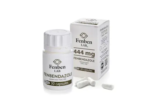 Opakowanie i kapsułki Fenbendazolu 444 mg od Fenben LAB. Produkt laboratoryjnie testowany, czystość >99%. Fenbendazol dla ludzi.