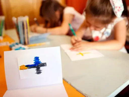 Dzieci rysują krzyże, ucząc się o religii w szkole. Na pierwszym planie symbol wiary.