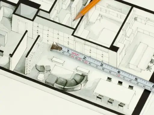 Plan architektoniczny z meblami, miarką i ołówkiem. Obliczanie powierzchni użytkowej to klucz do funkcjonalnego wnętrza.
