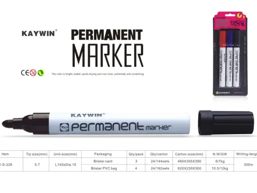 KAYWIN Permanent Marker Set. Ideal für dauerhafte Markierungen, die sich leicht entfernen lassen. Enthält drei Stifte in Rot, Blau und Schwarz.