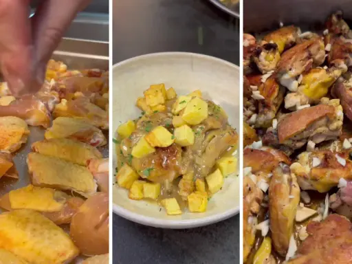 Preparación de pollo al ajillo: trozos de pollo crudo, plato servido con patatas y salsa, y pollo horneado con ajos.