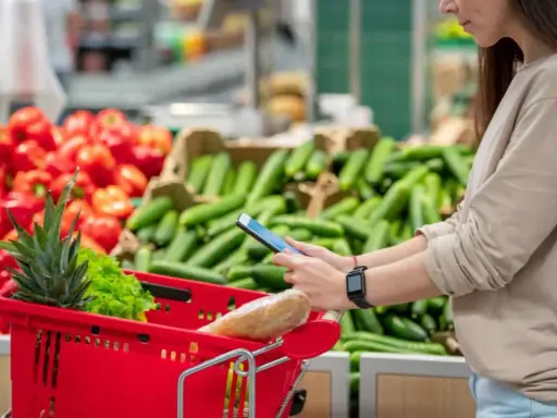 Donna al supermercato con carrello rosso, usa il telefono per i quantificatori spiegazione. Verdure sullo sfondo.