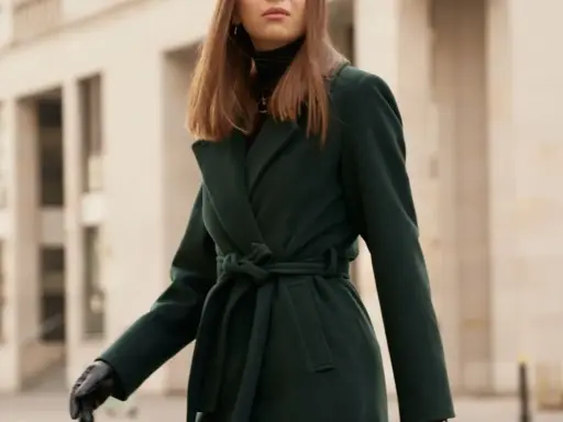 Elegancka kobieta w ciemnozielonym płaszczu z paskiem. Dowiedz się, jak prać płaszcz z wełny i poliestru, by służył latami.