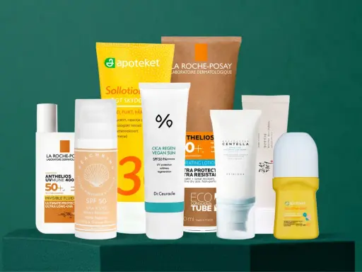 En samling solskyddsprodukter med SPF 30 eller 50, inklusive krämer, lotioner och en roll-on för barn.