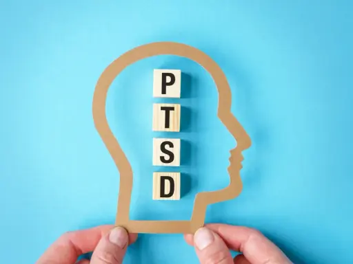 Klocki z literami P, T, S, D układają się w napis PTSD wewnątrz sylwetki głowy. Zrozumienie, ptsd co to, jest kluczowe dla pomocy.