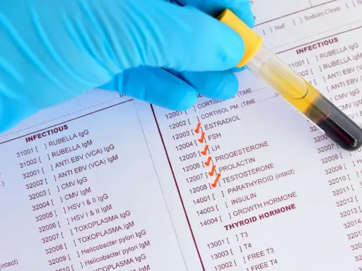 Rękawiczka w niebieskiej rękawiczce trzyma probówkę z krwią nad listą badań, w tym ESTRADIOL, FSH, LH, PROGESTERON, TESTOSTERON, co może pomóc w zrozumieniu, jak podnieść poziom estrogenu.