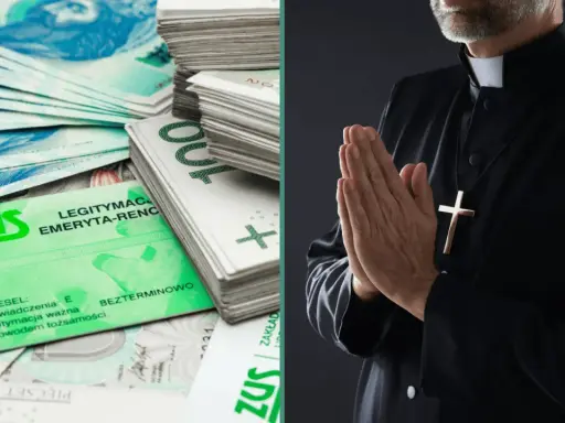 Pieniądze i legitymacja ZUS obok modlącego się księdza. Wizualizacja momentu, kiedy ksiądz idzie na emeryturę.