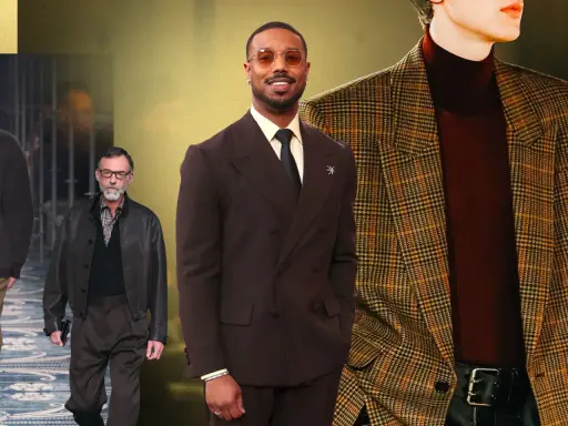 Collage of men in stylish suits and jackets, including Michael B. Jordan in a brown suit.