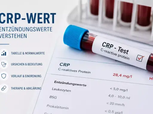 Blutprobe für CRP-Test mit Laborbericht. Der CRP-Wert von 28,4 mg/l deutet auf eine Entzündung hin.
