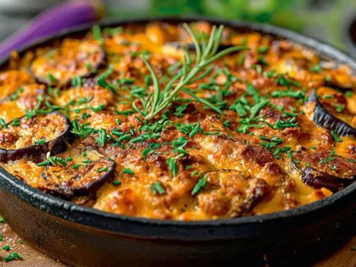 Ein köstlicher griechischer Auflauf Moussaka, mit Auberginenscheiben, Hackfleisch und Käse überbacken, garniert mit Rosmarin und Schnittlauch.