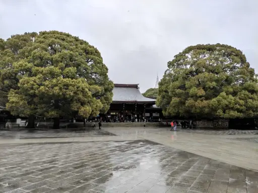Regenzeit in Japan: Ein Tempel im Schatten großer Bäume, die nassen Steine spiegeln den grauen Himmel.
