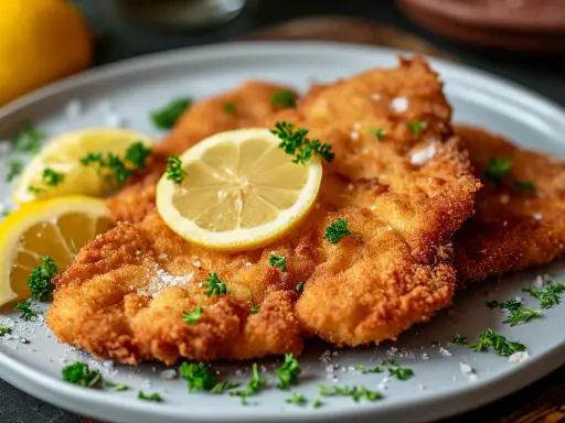 Goldbraunes Wiener Schnitzel auf grauem Teller, garniert mit Zitronenscheiben und Petersilie. Ein Klassiker, der Appetit macht.