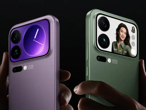 Dwa telefony Xiaomi najnowszy model w kolorach fioletowym i zielonym. Jeden pokazuje zegar, drugi selfie z kobietą.