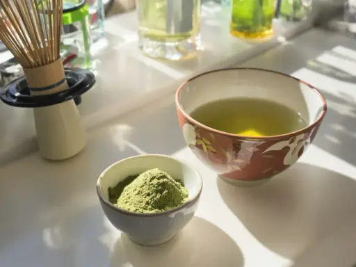 Zwei Schalen auf einem Tisch: eine mit grünem Pulver, die andere mit aufgebrühtem Sencha Tee. Die Wirkung von Sencha Tee ist belebend.