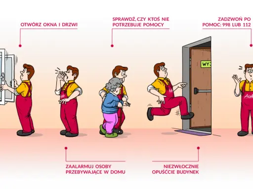 Instrukcja postępowania w przypadku wycieku gazu: otwórz okna, zaalarmuj domowników, sprawdź, czy ktoś nie potrzebuje pomocy, zadzwoń pod 112 i niezwłocznie opuść budynek.
