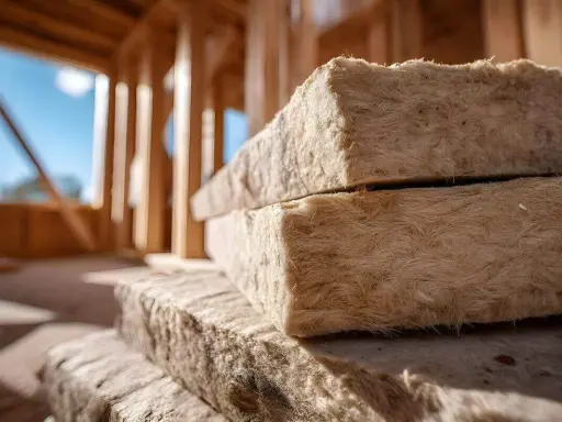 Blocs de laine de bois inflammable empilés sur un chantier de construction en bois.