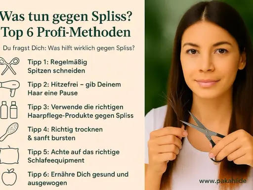 Frau schneidet sich die Spitzen, um Spliss zu bekämpfen. Tipps gegen Spliss: Spitzen schneiden, Hitzefrei, richtige Pflege, sanft trocknen, gutes Schlafequipment, gesunde Ernährung.