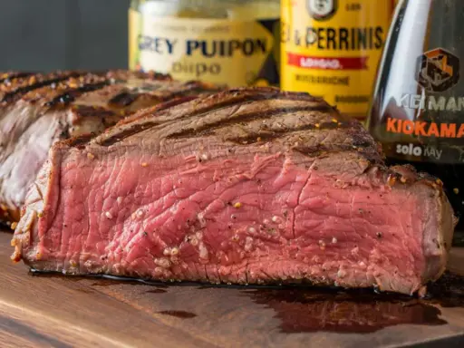 Saftiges, medium-gebratenes Steak auf einem Holzbrett, bereit zum Genuss. Perfekt zum Grillen einlegen mit den abgebildeten Saucen.