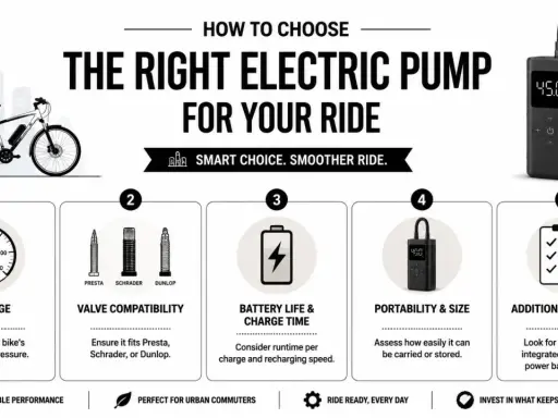 Infographic showing how to choose an electric bike pump, with sections on PSI range, valve compatibility, battery life, portability, and features.