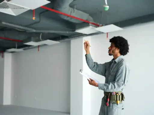 Técnico revisa instalaciones en un local vacío, asegurando el cumplimiento de la normativa trasteros en garajes.