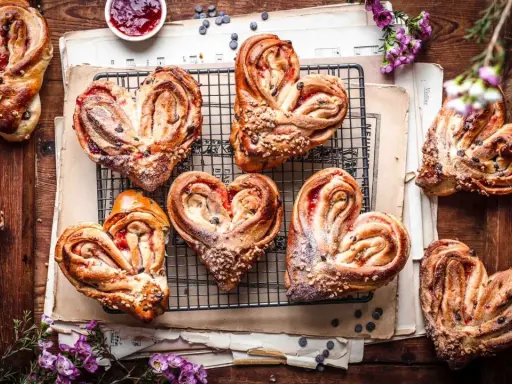 Herzförmige Hefeteilchen mit Marmelade und Nüssen, liebevoll arrangiert auf alten Notenblättern.