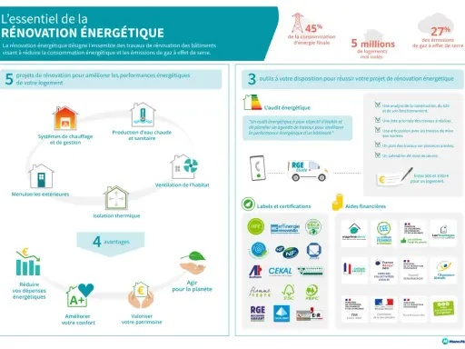 Infographie sur la rénovation énergétique : 5 projets, 3 outils, 4 avantages (confort, économies, planète, patrimoine) et aides financières. L'isolation thermique écologique est clé.