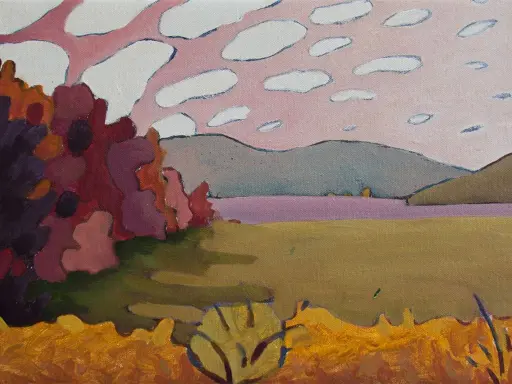A stylized landscape painting with a pink sky dotted with white clouds. A cluster of dark red and purple foliage is on the left, with rolling hills and a purple body of water in the distance. The foreground is a golden field, reminiscent of a max berry...