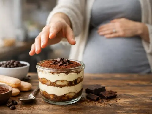 Une main effleure un tiramisu, un délice pour une femme enceinte. Le dessert, garni de cacao et de chocolat, promet un moment gourmand.
