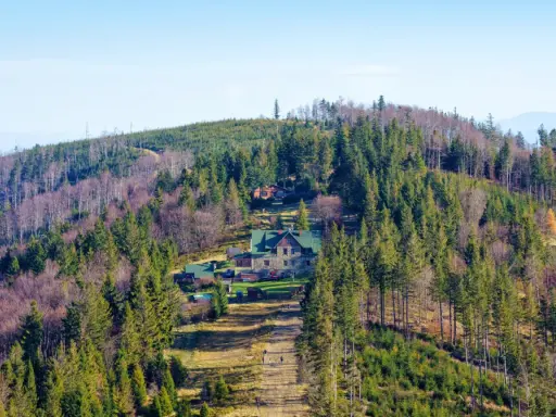 Widok na górskie schronisko na Babiej Górze, otoczone lasem iglastym i liściastym.
