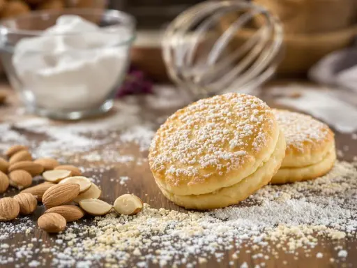 Deux biscuits pour entremet, saupoudrés de sucre glace, reposent sur un lit d'amandes concassées et entières.