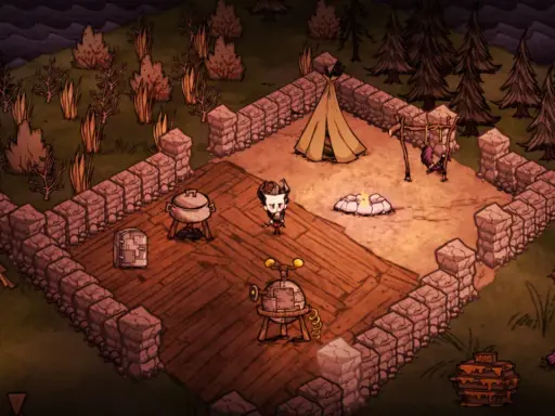 Postać w stylu gry survivalowej, otoczona kamiennym murem, z namiotem i ogniskiem. Idealne dla fanów gier podobnych do Don't Starve.