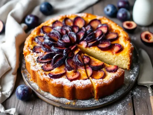 Gâteau aux prunes, saupoudré de sucre glace, avec des prunes fraîches disposées en rosace. Une part est coupée, révélant la texture moelleuse.