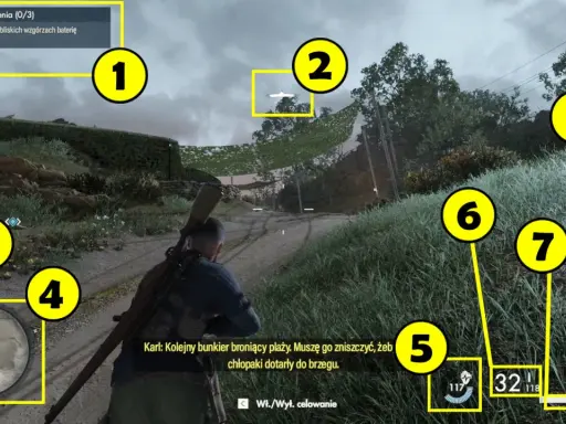 Gracz w Sniper Elite 5 niszczy umocnienia. Wskazówki na ekranie pokazują cele misji i stan amunicji, co jest kluczowe dla spełnienia wymagań gry.