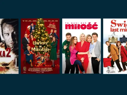Plakaty filmowe: "Szklana pułapka 2", "Uwierz w Mikołaja", "To musi być miłość" i "Święta last minute" - idealne na najlepsze filmy świąteczne.