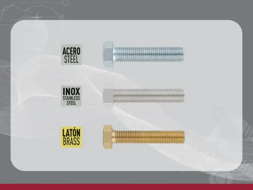 Tres tipos de tornillos: acero, inox y latón. Cada uno con su etiqueta identificativa.