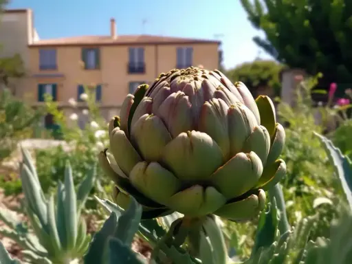 Gros plan sur un artichaut prêt à être récolté, au cœur d'une plantation artichaut pleine terre. En arrière-plan, une maison ensoleillée.