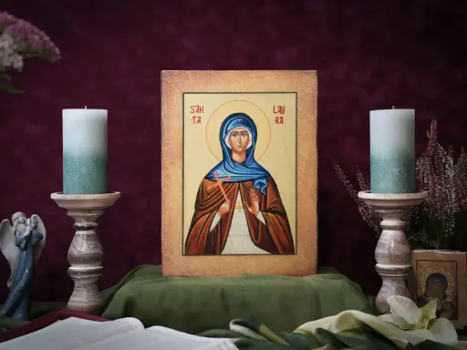 Ikona błogosławionej Jolanty z krzyżem i świecami.
