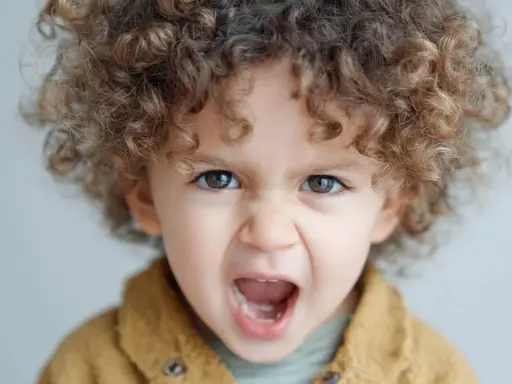 Niño de 1 año con rizos castaños, ojos marrones y expresión de enfado. Las rabietas son parte del desarrollo.