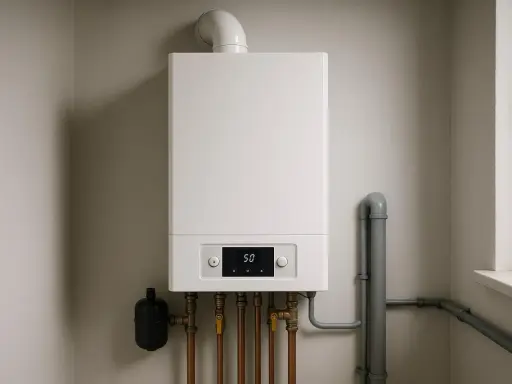 Nowoczesny, biały kocioł kondensacyjny wiszący na ścianie, podłączony do instalacji grzewczej.