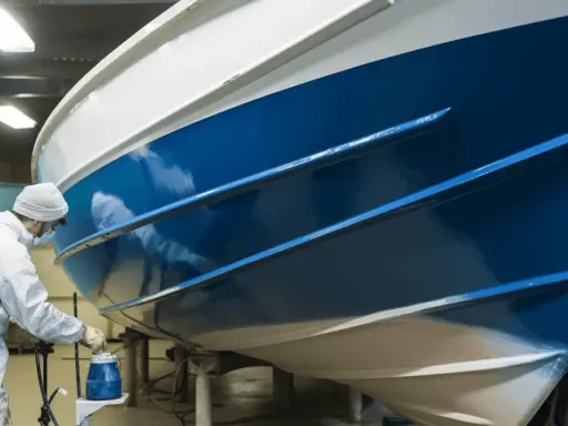 Un peintre en combinaison blanche applique une peinture bleue brillante sur la coque d'un bateau dans un atelier.