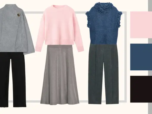 Three chic outfits: grey coat with black pants, pink sweater with grey skirt, blue top with grey pants.