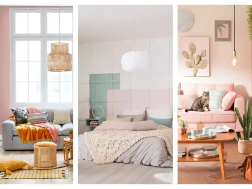 Trois scènes déco douces : salon gris et jaune, chambre pastel, salon rose avec chat. Ambiance chaleureuse couleur bois de rose.