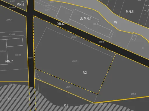 Fragment mapy z oznaczeniami działek i ulic. Jak sprawdzić plan zagospodarowania przestrzennego działki? Mapa pokazuje strefy MN.6, MN.7, U/MN.4, MN.5, R.1, R.2.