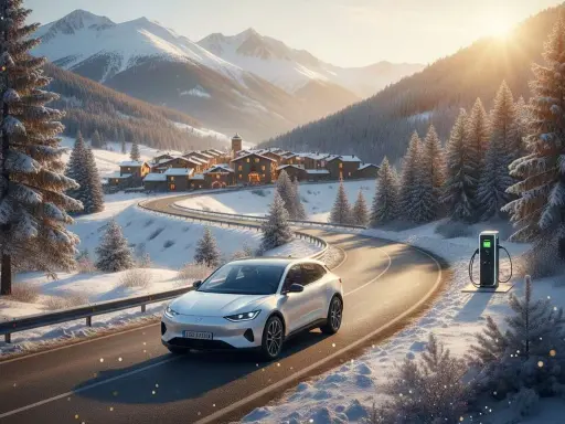 Coche eléctrico blanco en carretera nevada, listo para planificar ruta coche eléctrico. Pueblo y montañas al fondo.