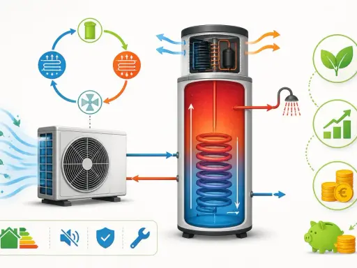 Schéma d'un ballon thermodynamique montrant le cycle de l'air, le chauffage de l'eau et les économies d'énergie.