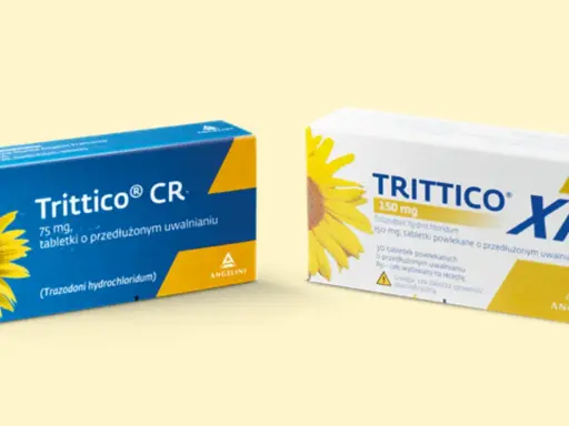 Dwa opakowania leku Trittico na sen: Trittico CR 75 mg i Trittico XR 150 mg, oba z motywem słonecznika.